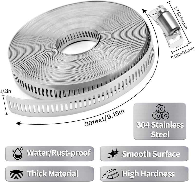 WSWECCL Hose Clamps 30FT Strap+30 Fasteners,DIY Cut-To-Fit 304 Stainless Steel Adjustable Large Worm Gear Band Clamp Assortment Kit,Metal Screw Fasteners and Strapping for Pipe,Duct,Pole,Tube - Image 2